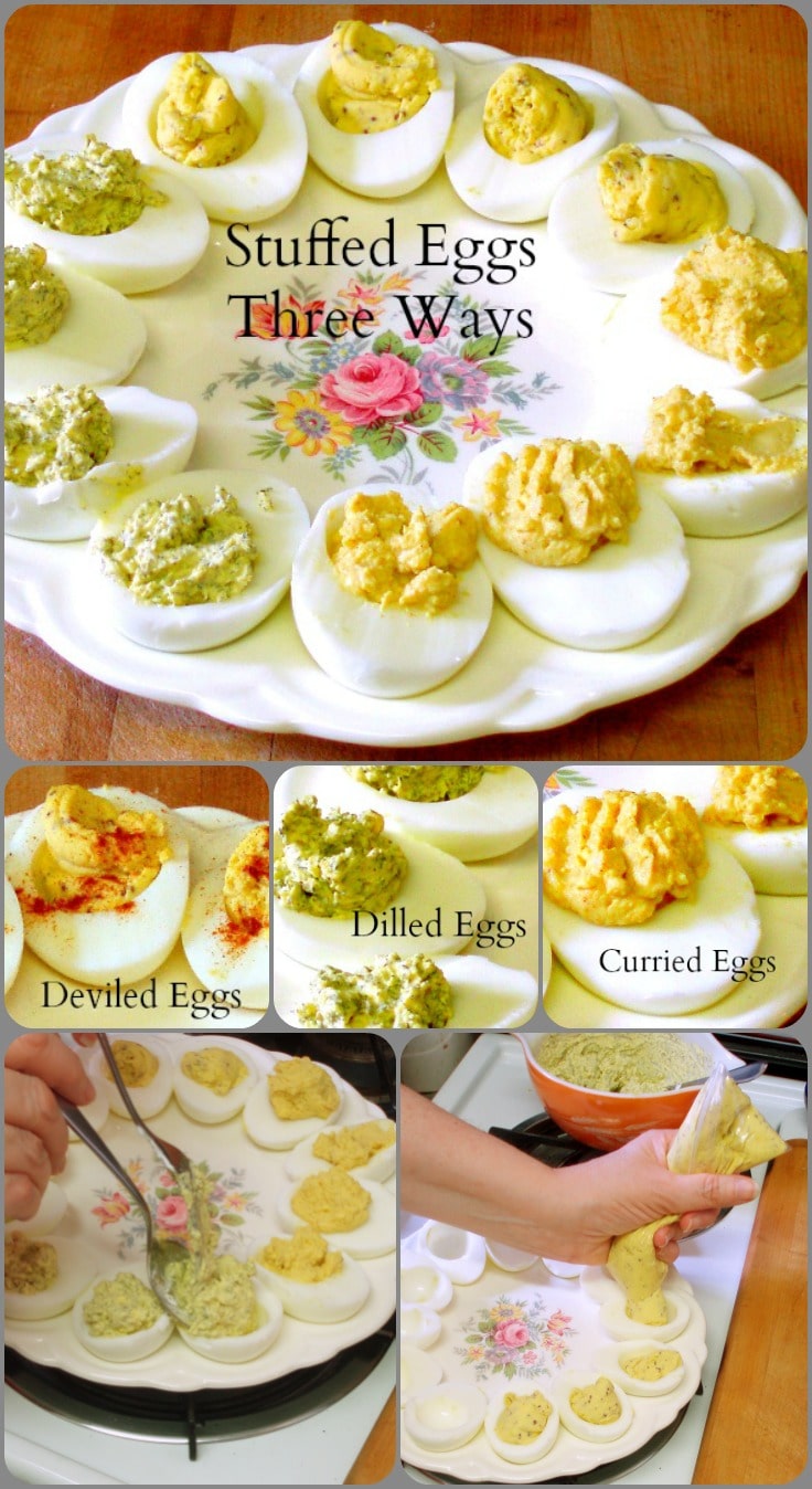 Three different recipes for stuffed eggs - perfect for using Easter Eggs, serving on a buffet, or taking to a potluck!