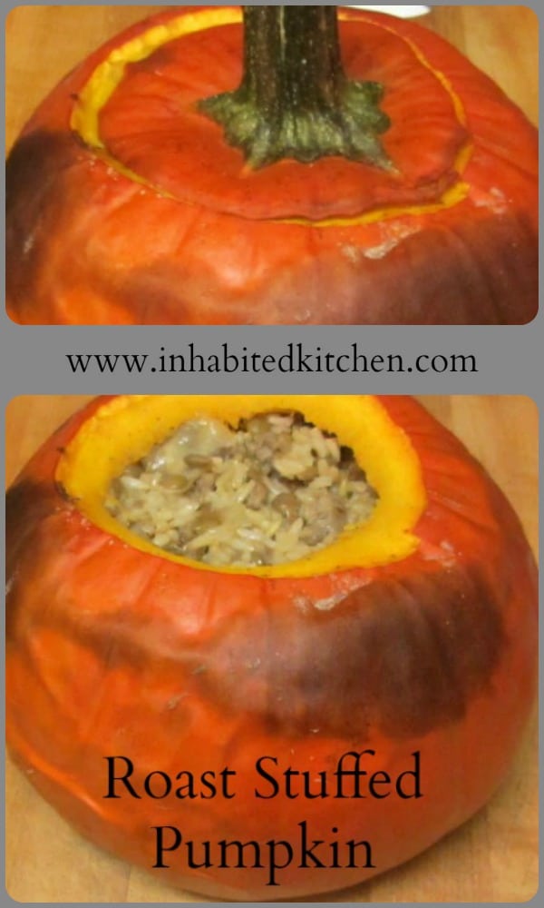 Roast Stuffed Pumpkin with sausage, for a special Fall dinner - a meal for 2, a festive side dish for a dinner party.