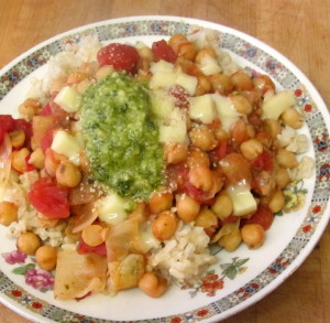 Lunch - chick peas, tomatoes, cheese and pesto - www.inhabitedkitchen.com