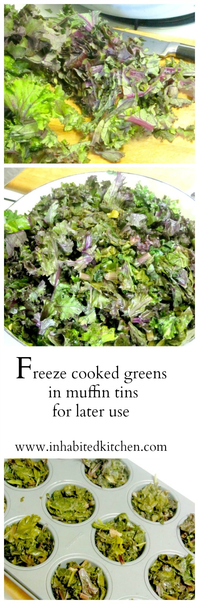 Freeze cooked greens - leftovers or cooked for the purpose - in muffin tins, for convenient single serving sized pieces. www.inhabitedkitchen.com