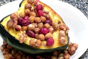 Use cranberries and chickpeas for a stuffed squash that is both simple and elegant. Great as part of a vegan meal! 