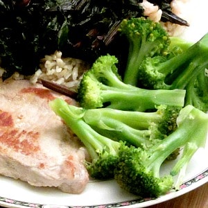 WIAW 86 - Dinner - Pork Chop, broccoli, beet greens over rice. 