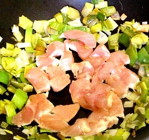 Over wintered leeks with chicken - some of the first fresh vegetables of Spring, served with mild white chicken for a quick and delightful dinner!