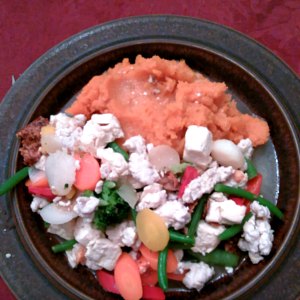 Dinner - tofu and turkey with mixed vegetables, served with mashed sweet potatoes