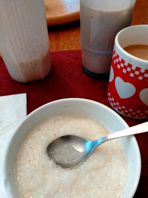 Breakfast - protein shake and grits