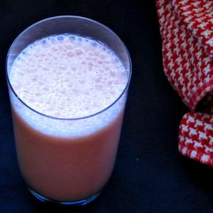 A glass of Strawberry Kefir Protein Shake.